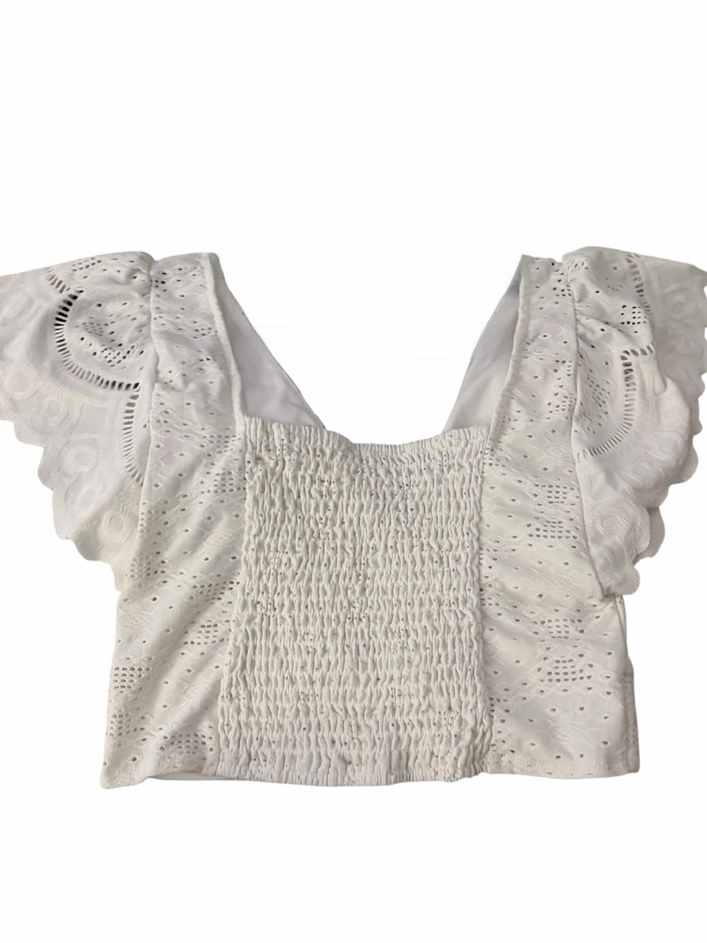 URBAN Romantics ~ Crop Top ~ White Eyelet ~ Scalloped Cap Sleeves Smocked Back - Picture 3 of 5